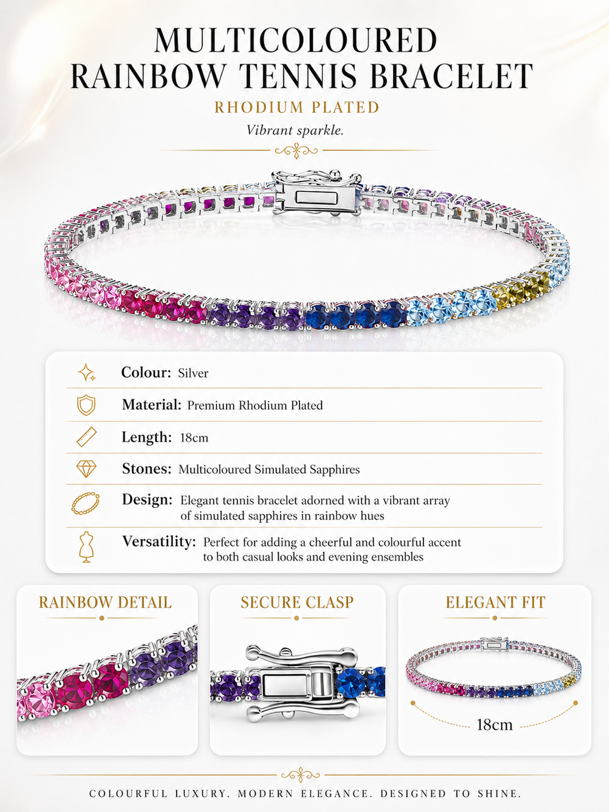 Rhodium Plated Multicoloured Rainbow Sapphire Gemstone Tennis Bracelet