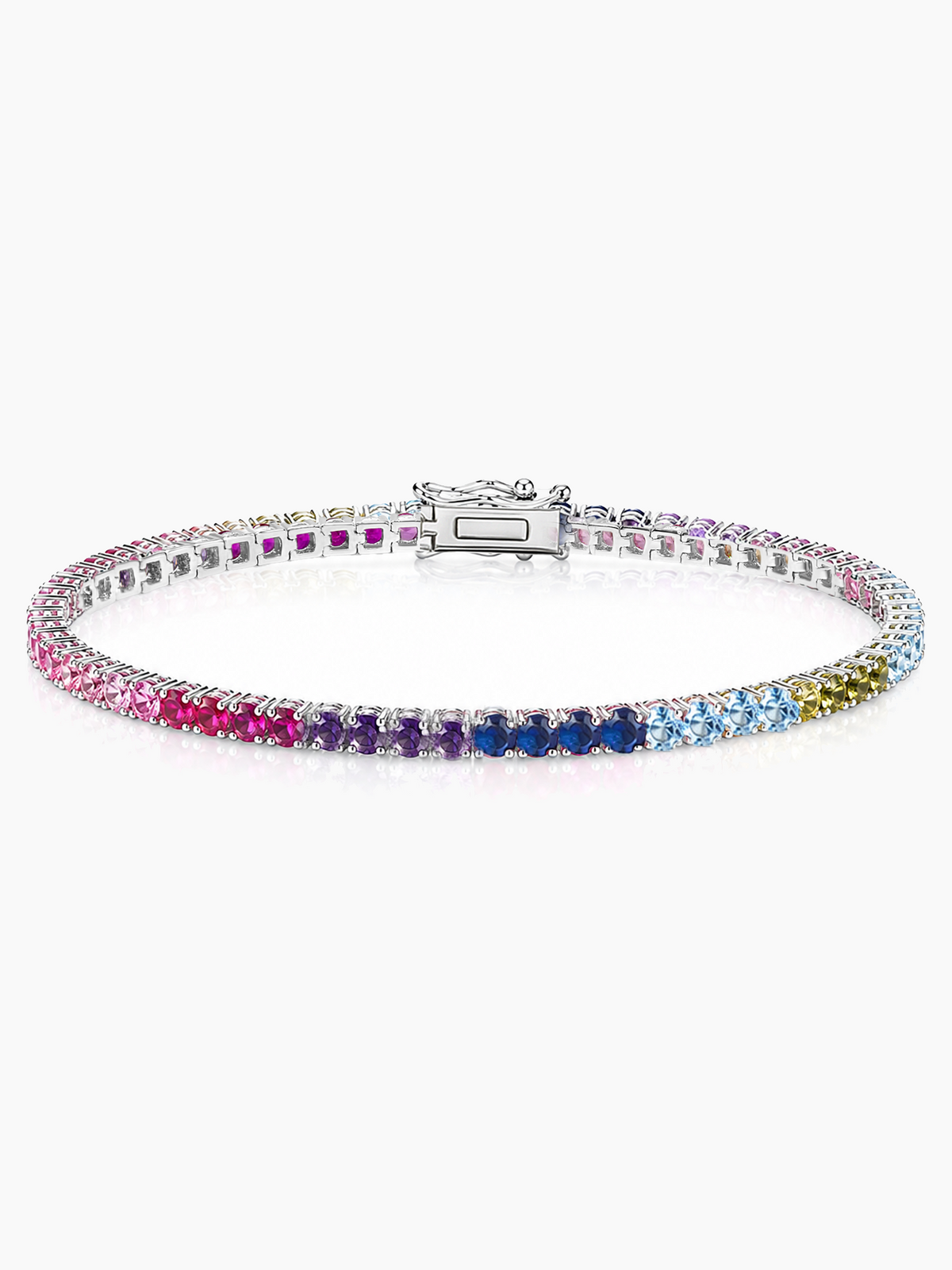 Rhodium Plated Multicoloured Rainbow Sapphire Gemstone Tennis Bracelet