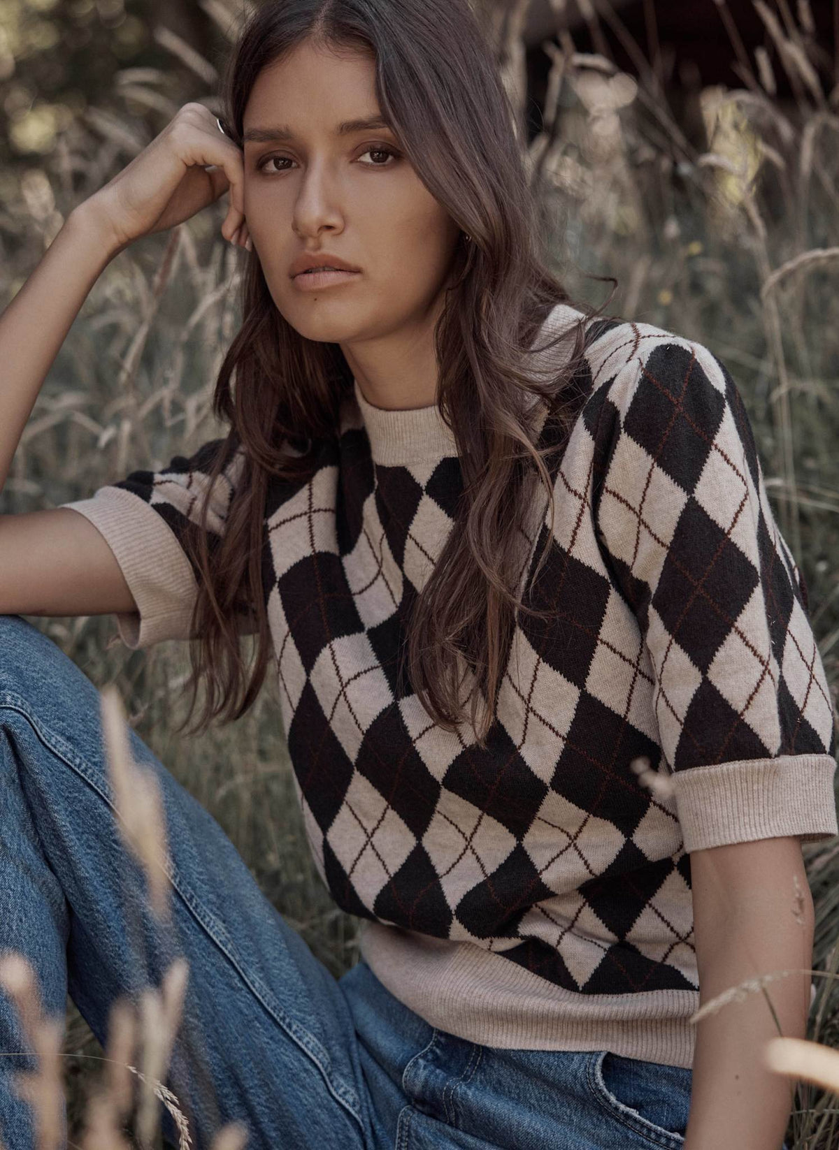 Neutral Argyle Knit Top in Cotton Blend