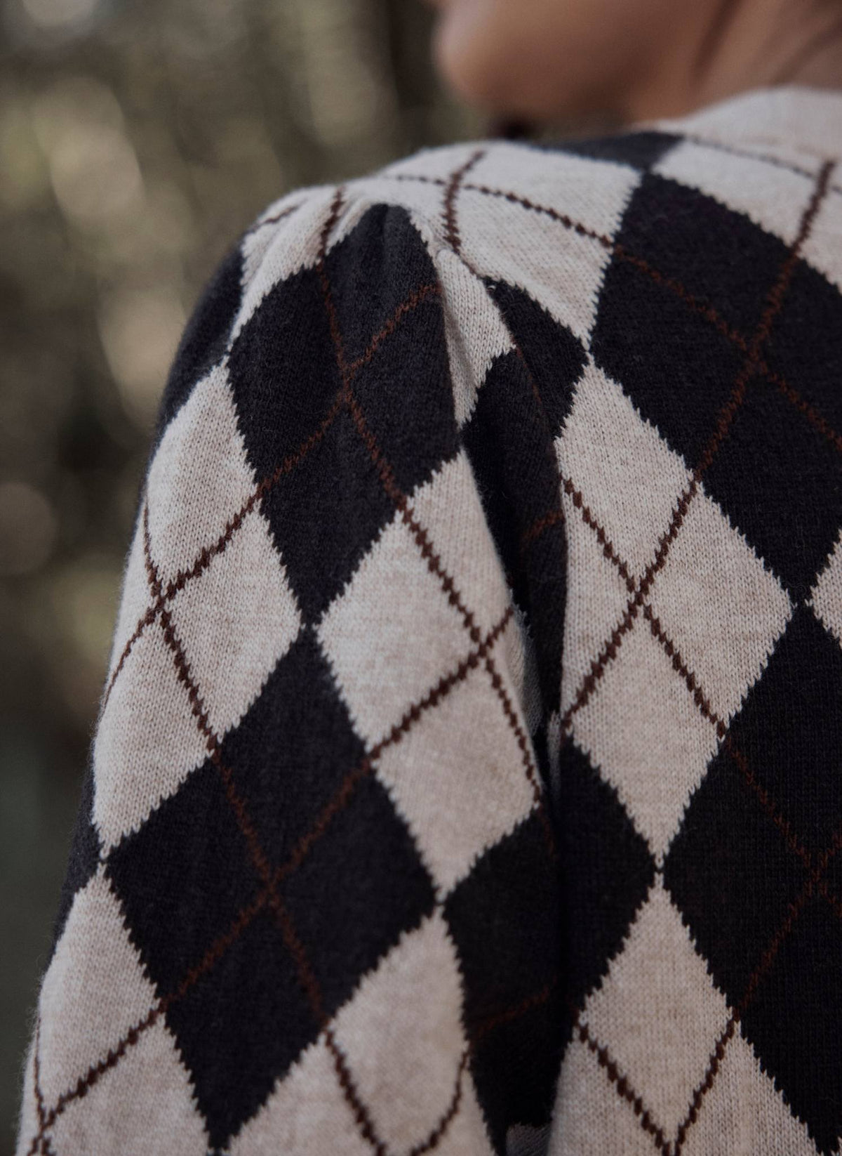 Neutral Argyle Knit Top in Cotton Blend