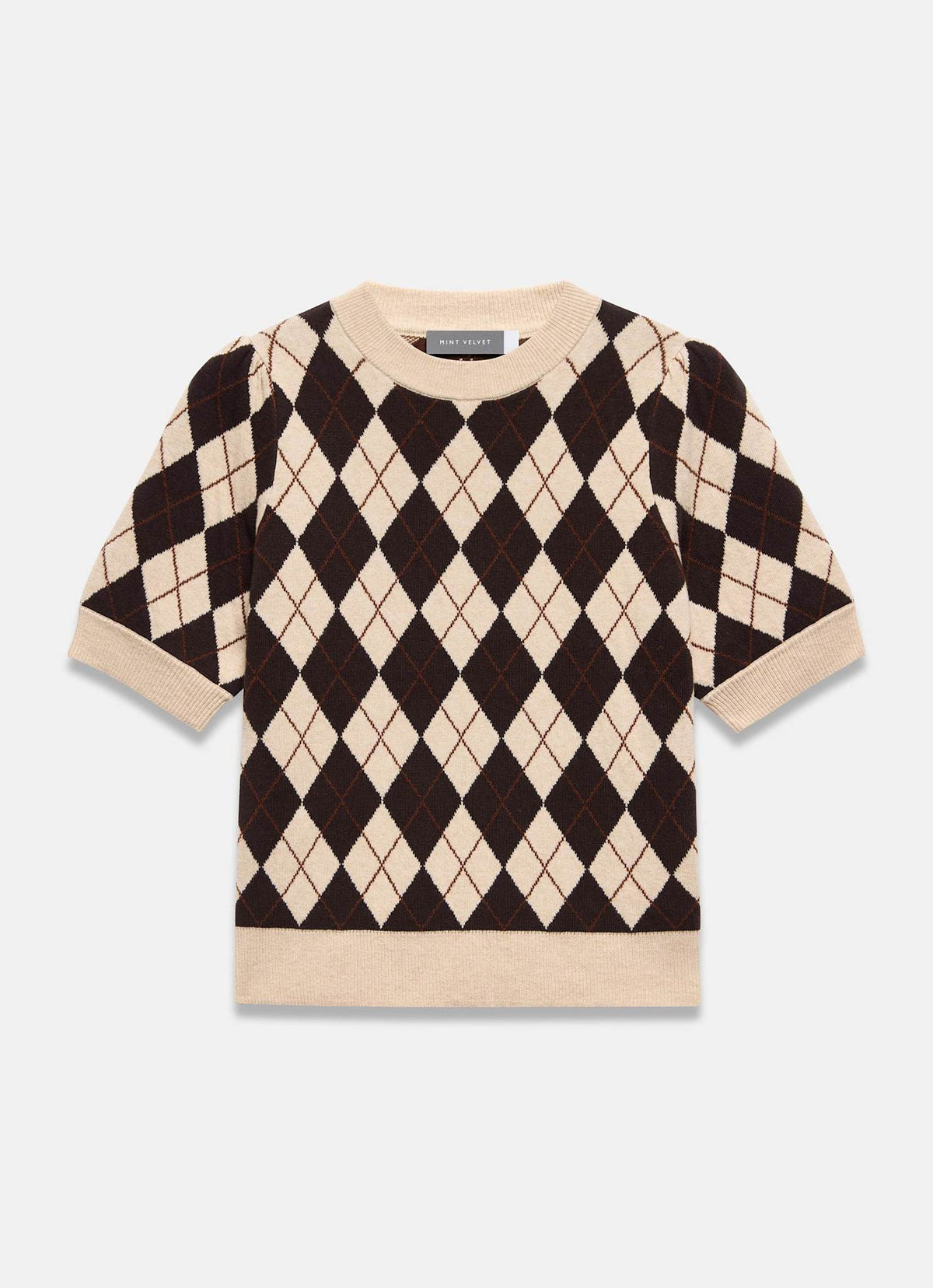 Neutral Argyle Knit Top in Cotton Blend