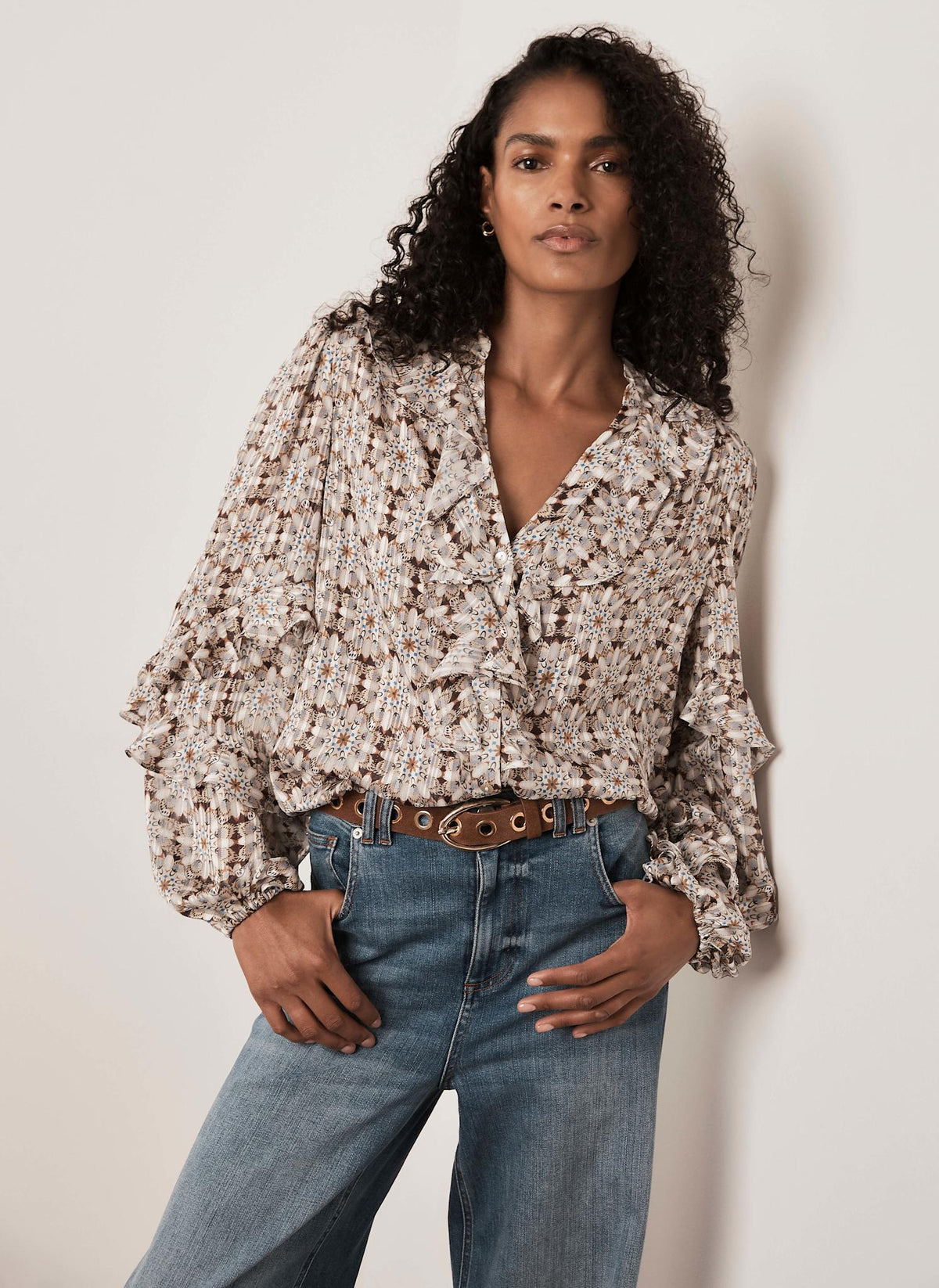 Neutral Ruffle Blouse with Print