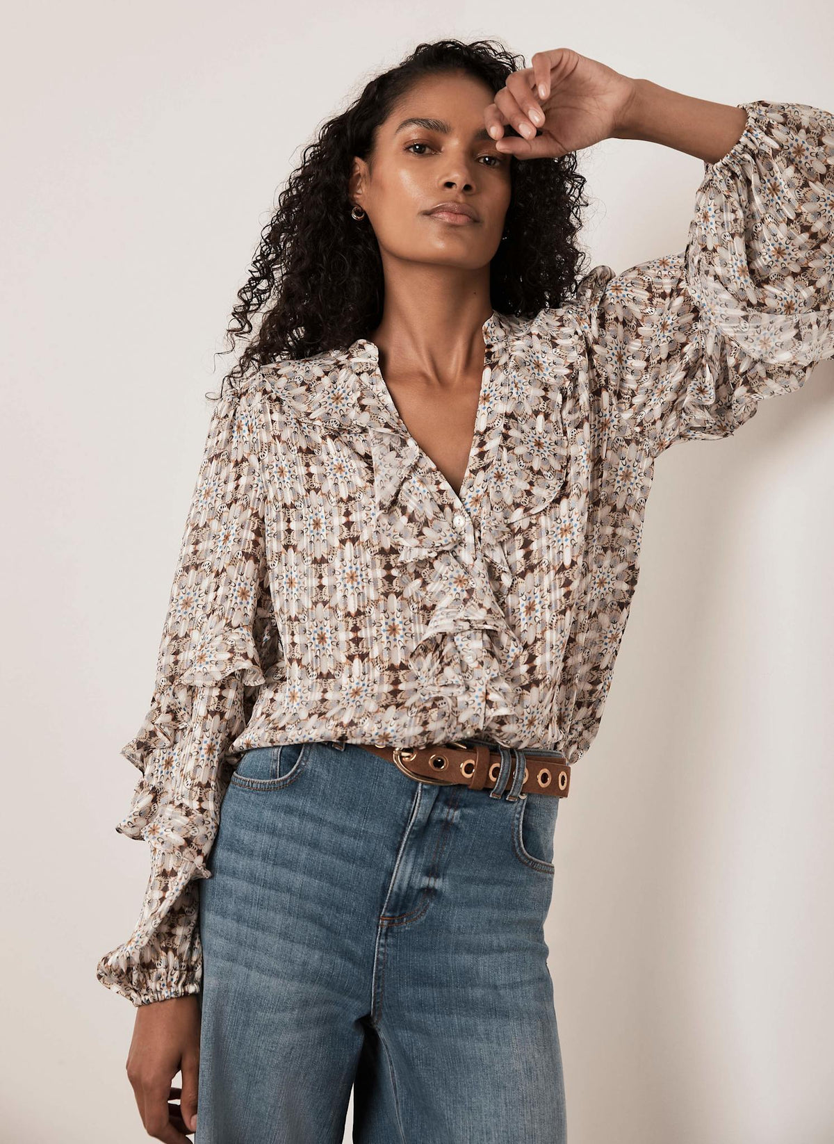 Neutral Ruffle Blouse with Print