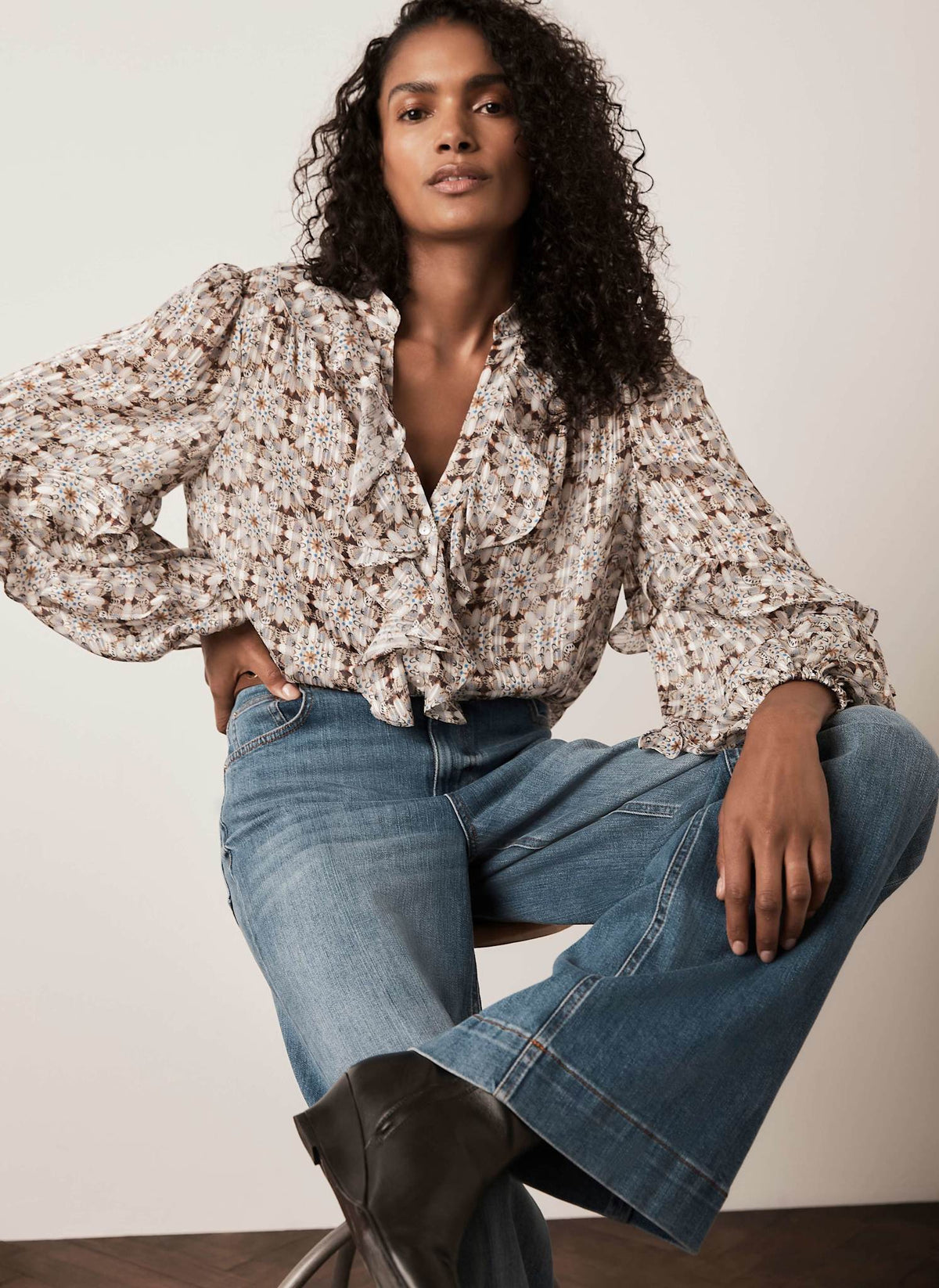 Neutral Ruffle Blouse with Print