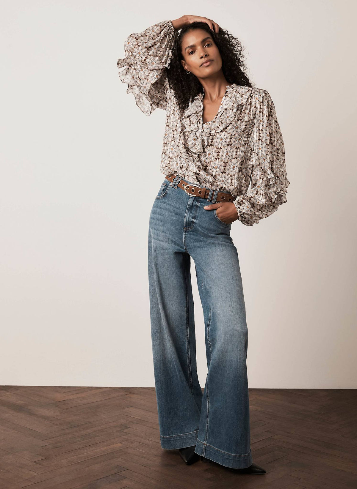 Neutral Ruffle Blouse with Print