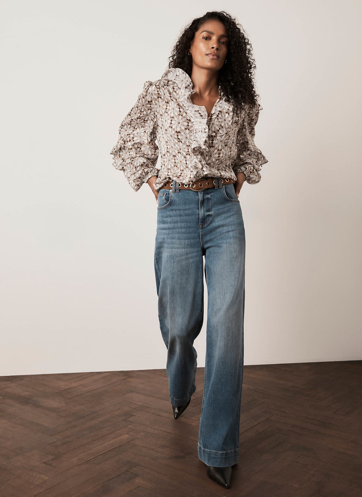 Neutral Ruffle Blouse with Print