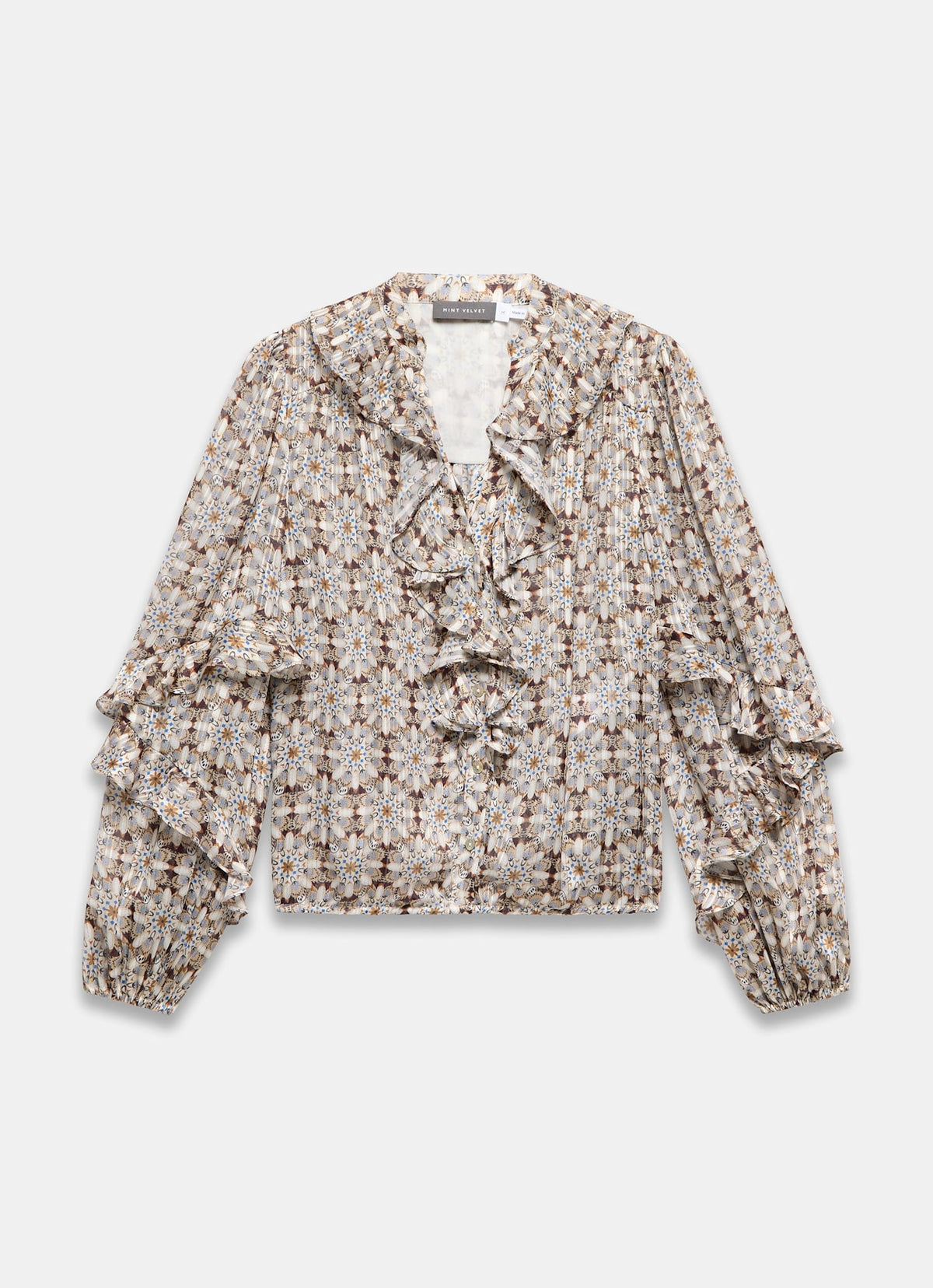 Neutral Ruffle Blouse with Print