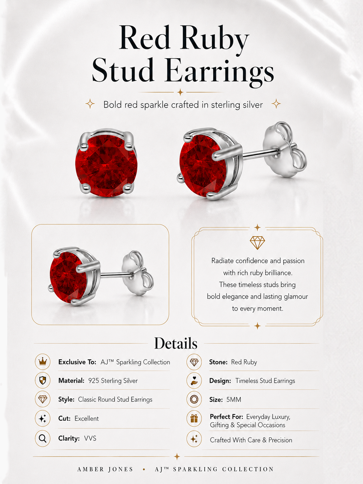 925 Sterling Silver Red Ruby Stud Earrings