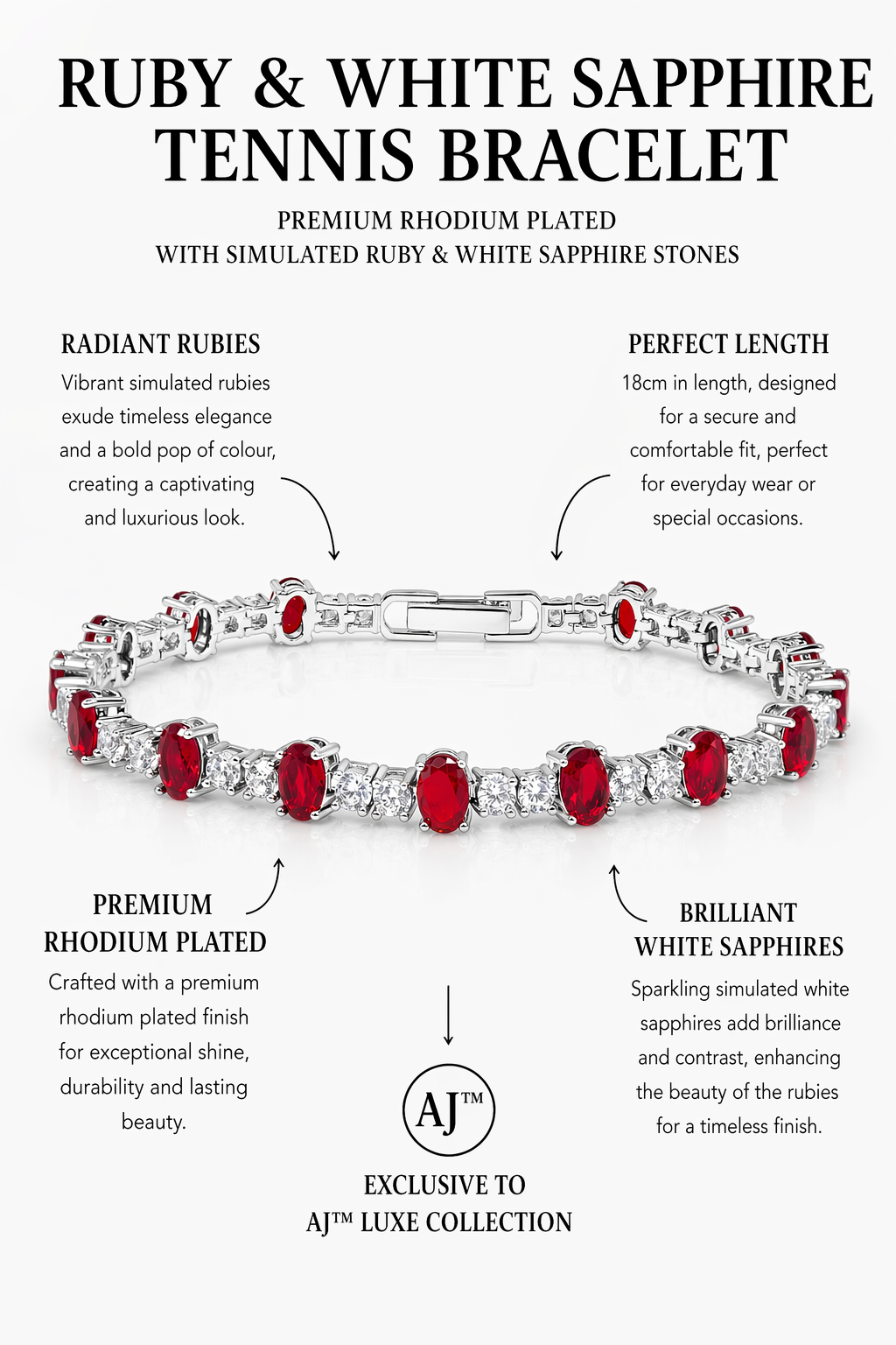Ruby and White Sapphire Tennis Bracelet in Rhodium Plating