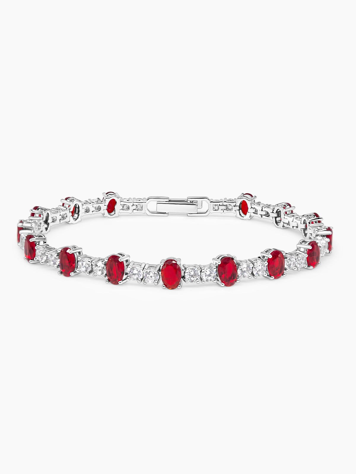 Ruby and White Sapphire Tennis Bracelet in Rhodium Plating