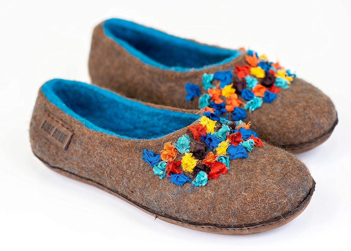 Women's Brown/Blue SILK Alpaca Felted Wool House Slippers