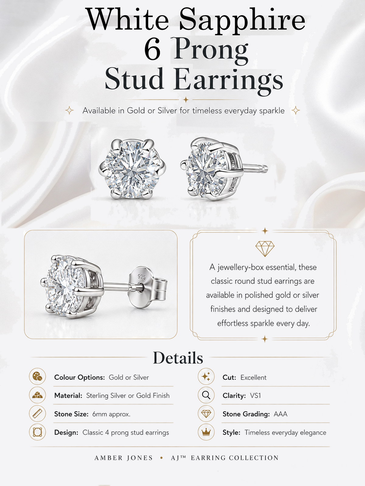 6mm White Sapphire Stud Earrings