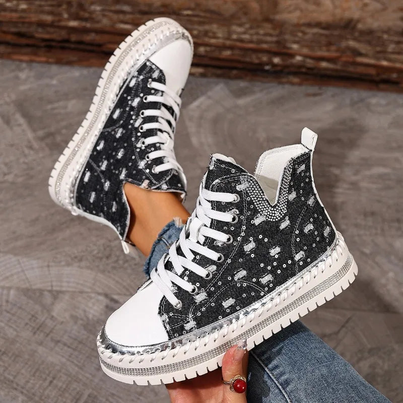 Sneakers For Women | Embellished Denim Lace-Up High-Top Chunky Sole