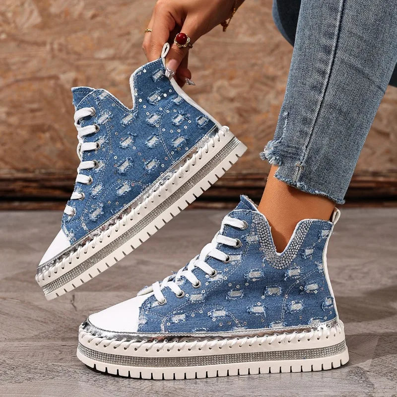 Sneakers For Women | Embellished Denim Lace-Up High-Top Chunky Sole