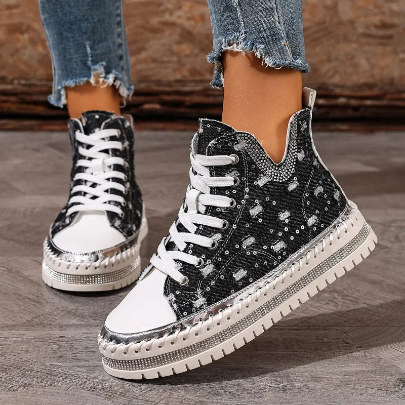 Sneakers For Women | Embellished Denim Lace-Up High-Top Chunky Sole