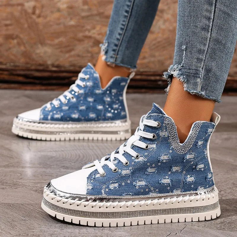 Sneakers For Women | Embellished Denim Lace-Up High-Top Chunky Sole