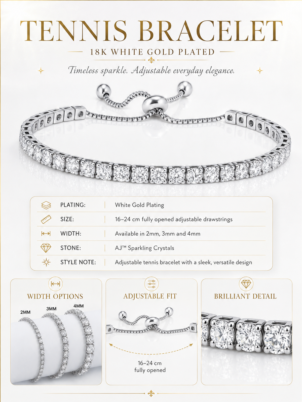 18K White Gold Plated Tennis Bracelet