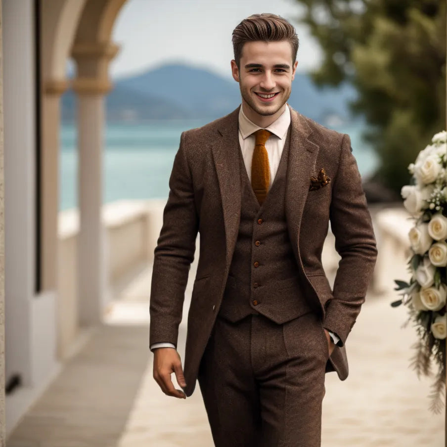 Optew Men Wedding Three‑piece Suit Tweed Wool Blend