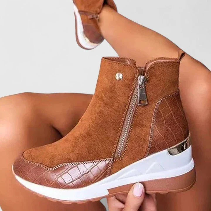 Walking Boots For Women | Croc-Embossed Wedge Ankle Side Zip