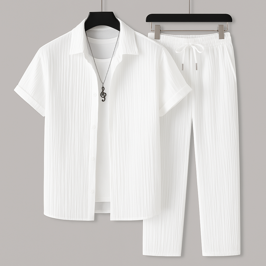 Optew Men Summer Two-Piece Set Pleated Synthetic