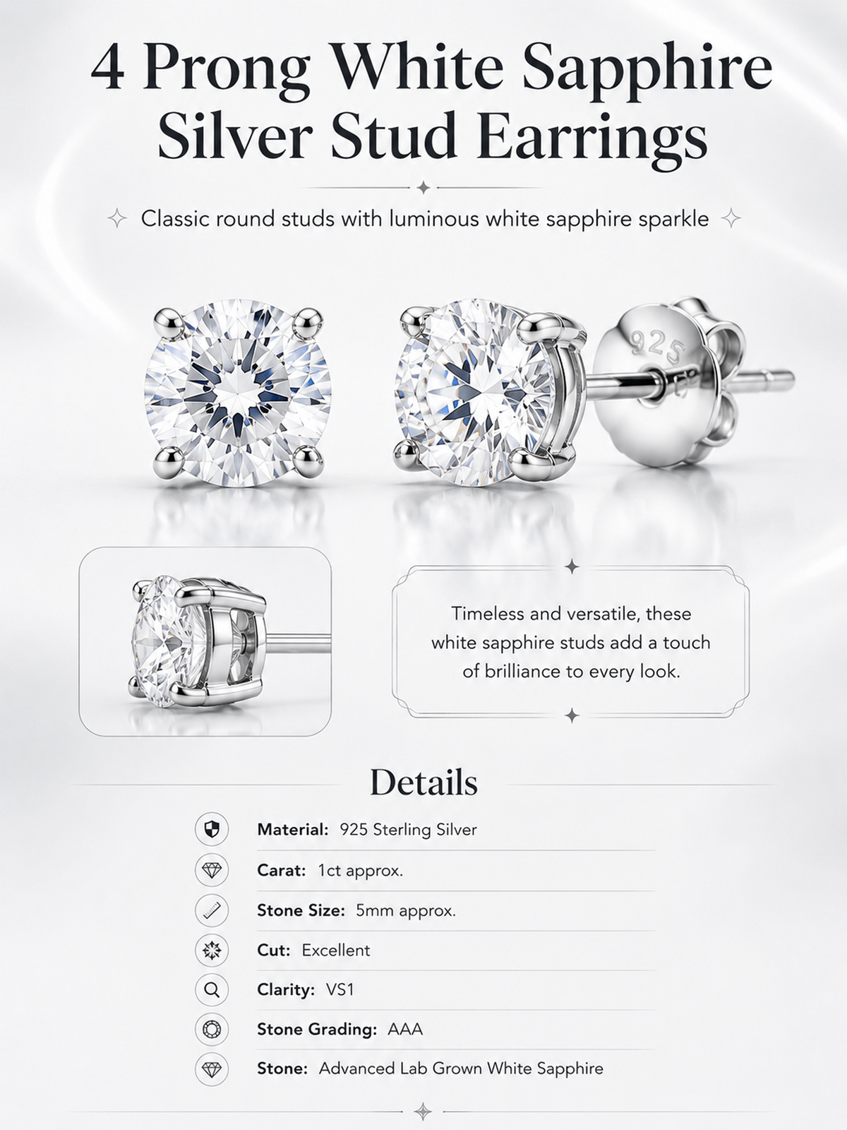 White Sapphire Silver Stud Earrings with 4-Prong Setting