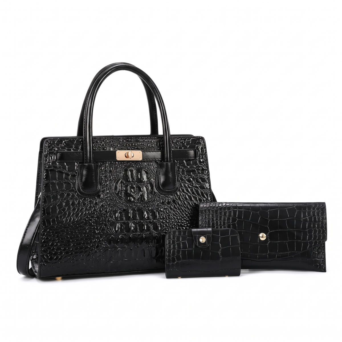 3-Piece Handbag and Purse Set, Croc Satchel Bag with Clutch and Card Holder – Gift Set for Her