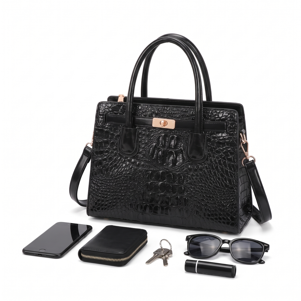 3-Piece Handbag and Purse Set, Croc Satchel Bag with Clutch and Card Holder – Gift Set for Her