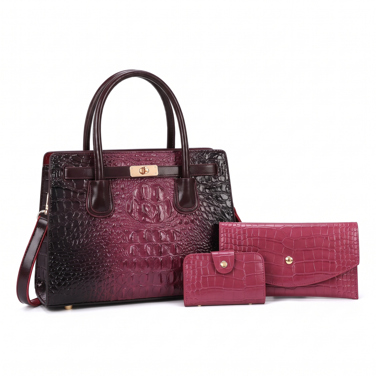3-Piece Handbag and Purse Set, Croc Satchel Bag with Clutch and Card Holder – Gift Set for Her