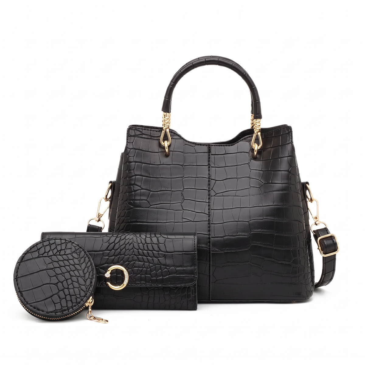 3-Piece Handbag and Purse Set, Croc Top Handle Bag with Wallet and Coin Purse – Gift Set for Her