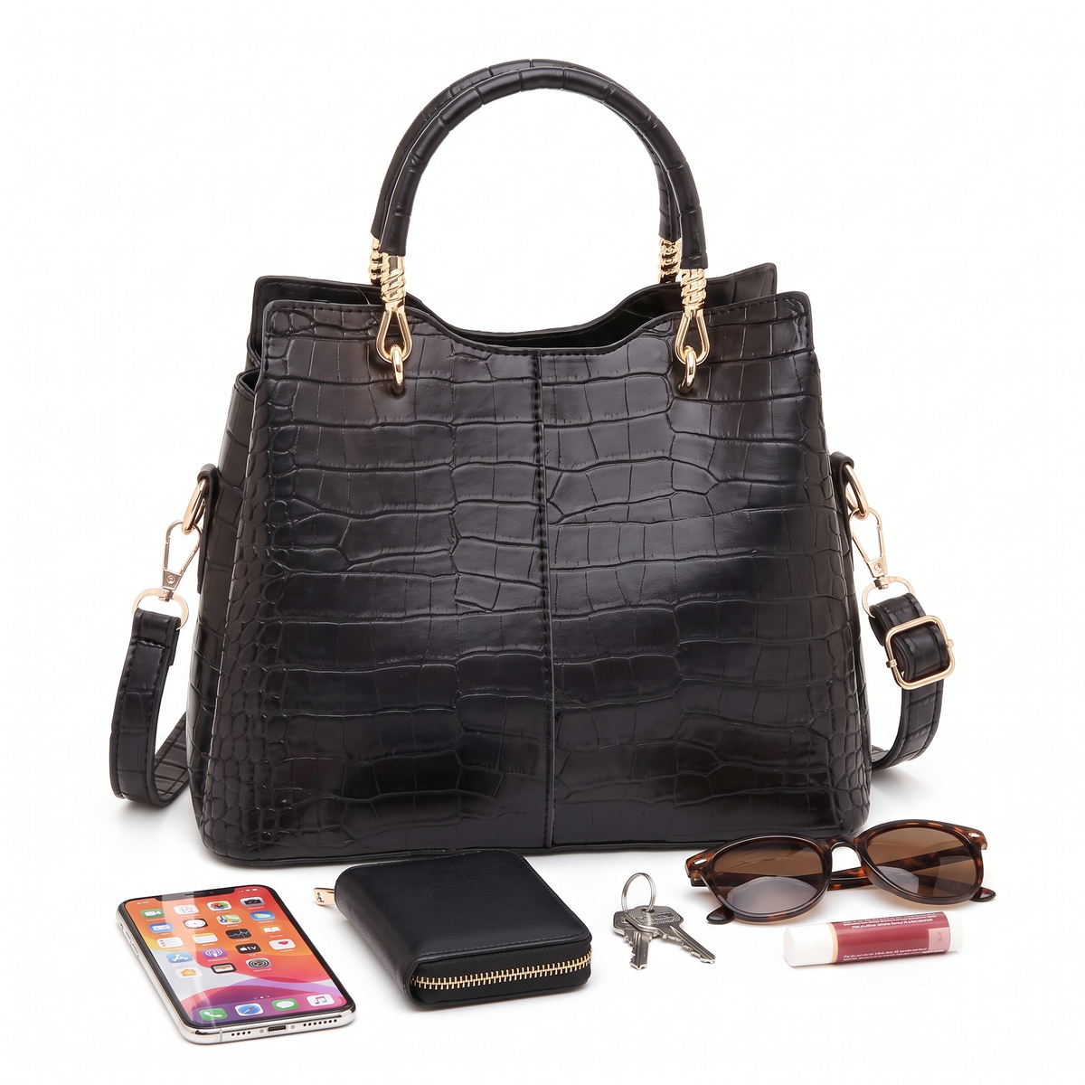 3-Piece Handbag and Purse Set, Croc Top Handle Bag with Wallet and Coin Purse – Gift Set for Her