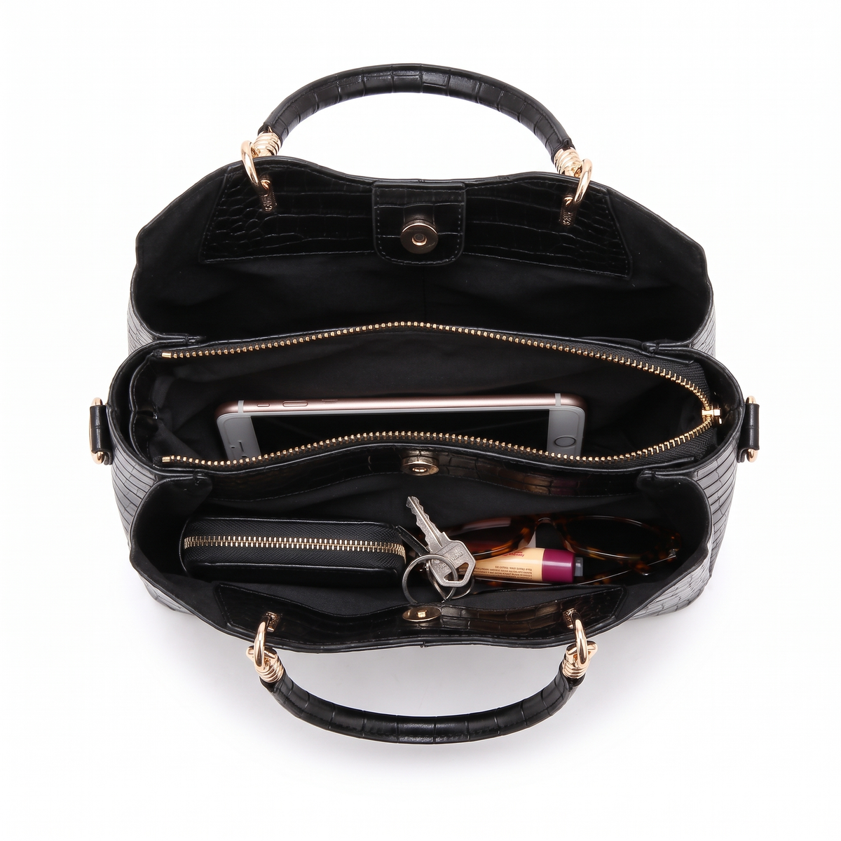 3-Piece Handbag and Purse Set, Croc Top Handle Bag with Wallet and Coin Purse – Gift Set for Her