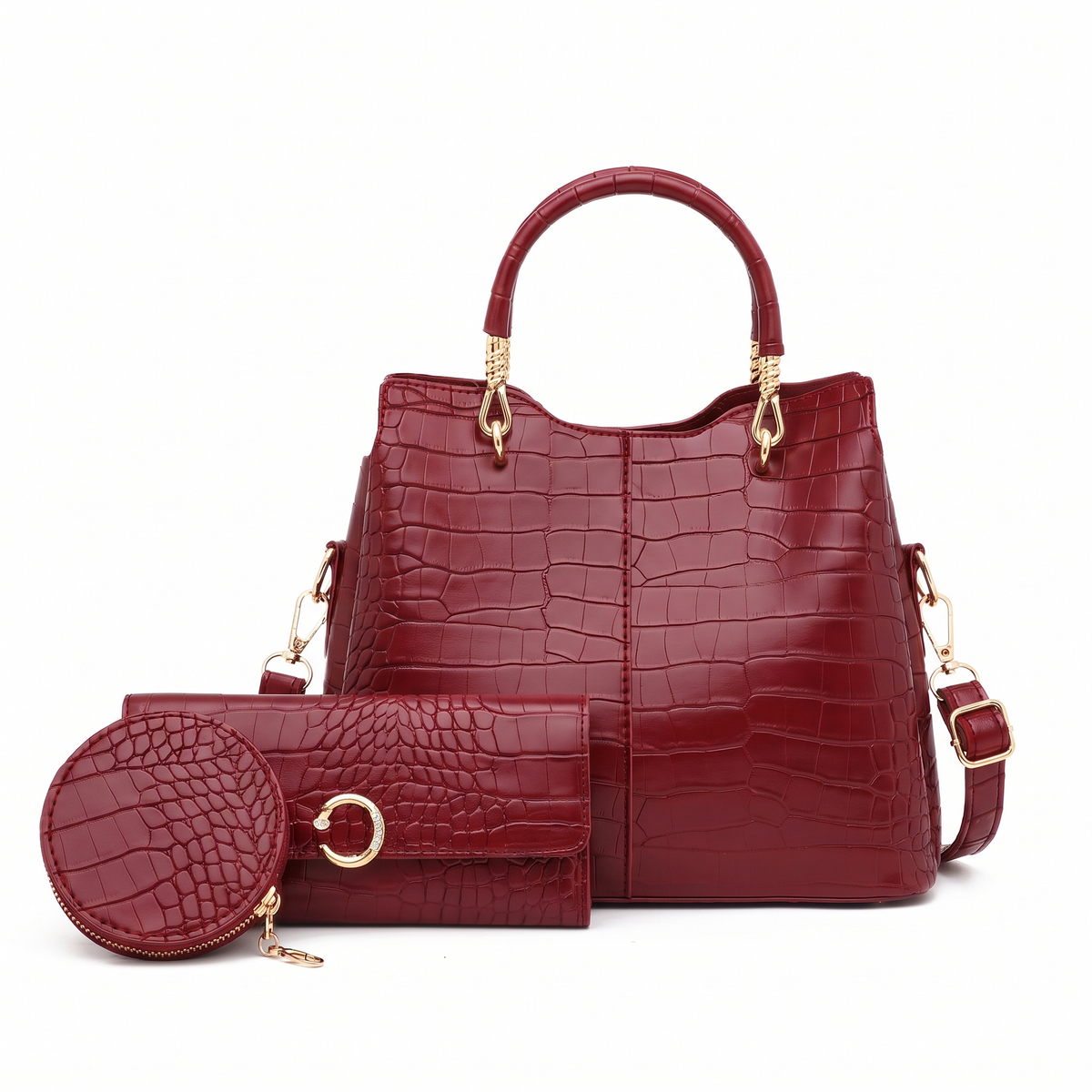 3-Piece Handbag and Purse Set, Croc Top Handle Bag with Wallet and Coin Purse – Gift Set for Her