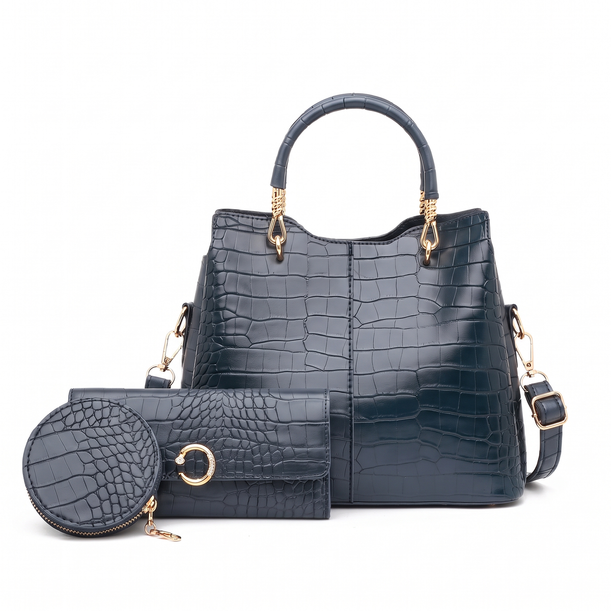 3-Piece Handbag and Purse Set, Croc Top Handle Bag with Wallet and Coin Purse – Gift Set for Her