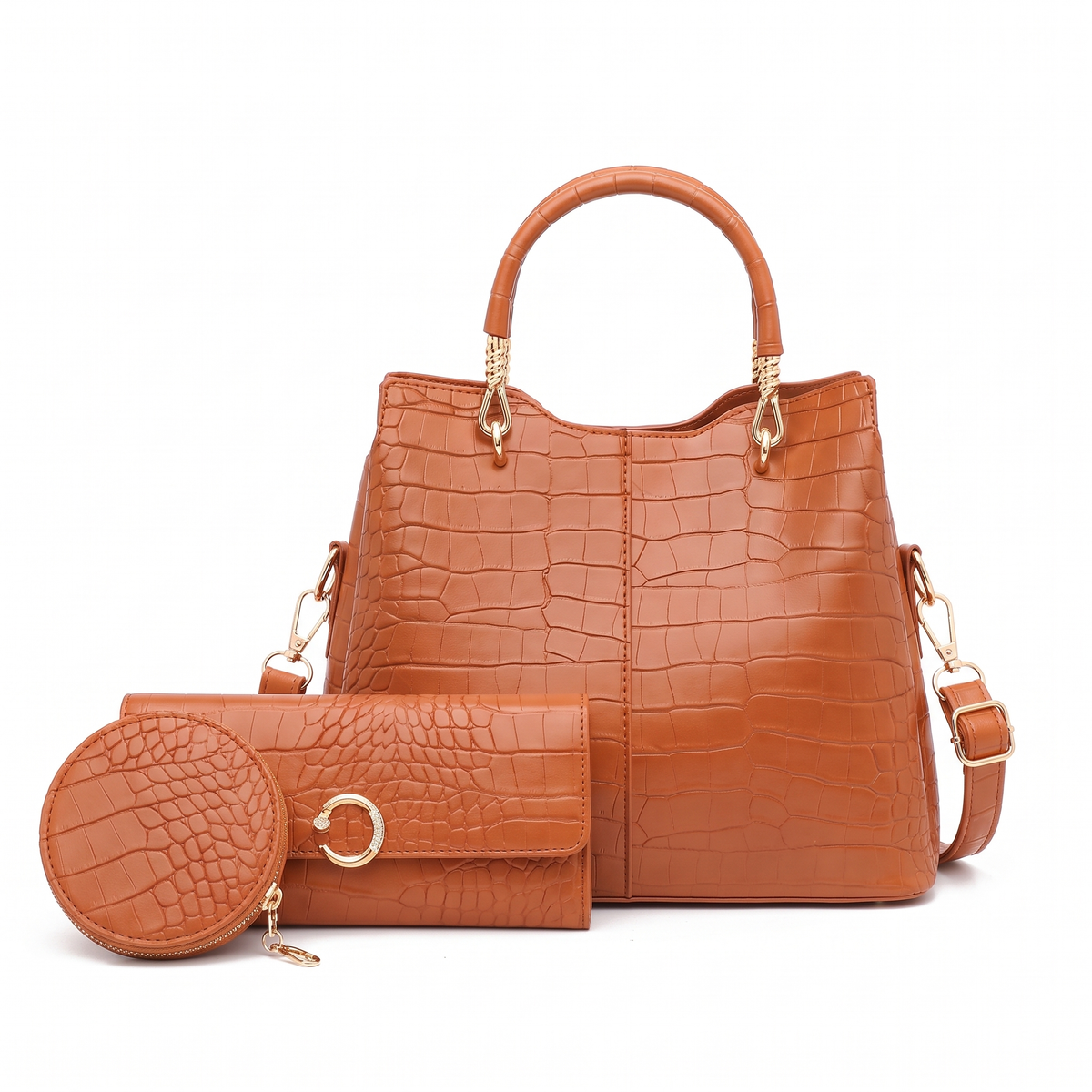 3-Piece Handbag and Purse Set, Croc Top Handle Bag with Wallet and Coin Purse – Gift Set for Her
