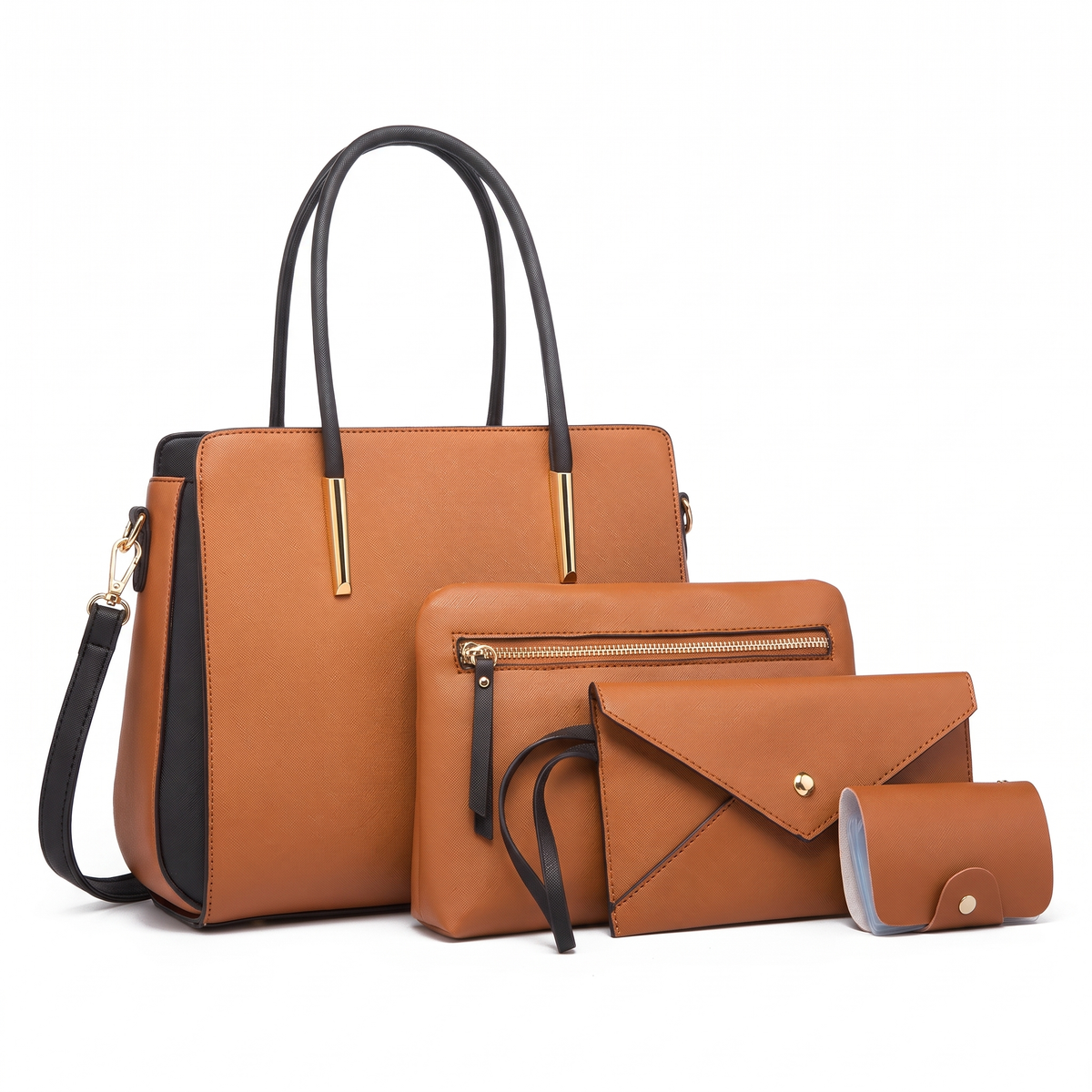 4-Piece Handbag and Purse Set, Two Tone Tote Bag with Pouch, Clutch and Card Holder – Gift Set for Her