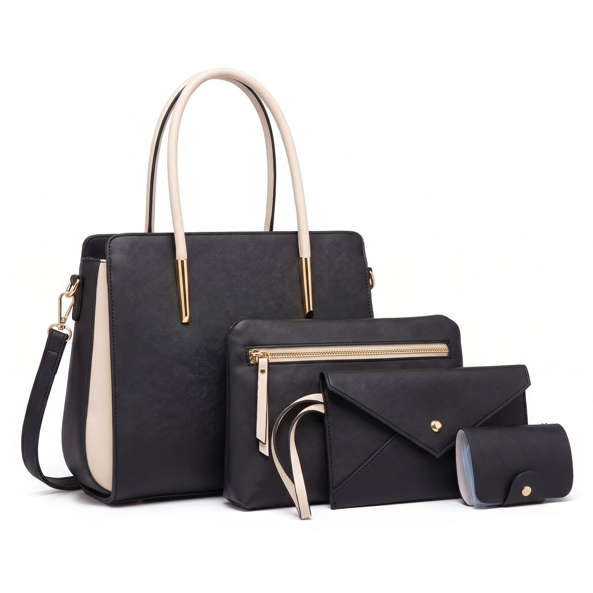 4-Piece Handbag and Purse Set, Two Tone Tote Bag with Pouch, Clutch and Card Holder – Gift Set for Her