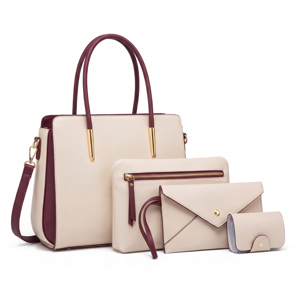 4-Piece Handbag and Purse Set, Two Tone Tote Bag with Pouch, Clutch and Card Holder – Gift Set for Her
