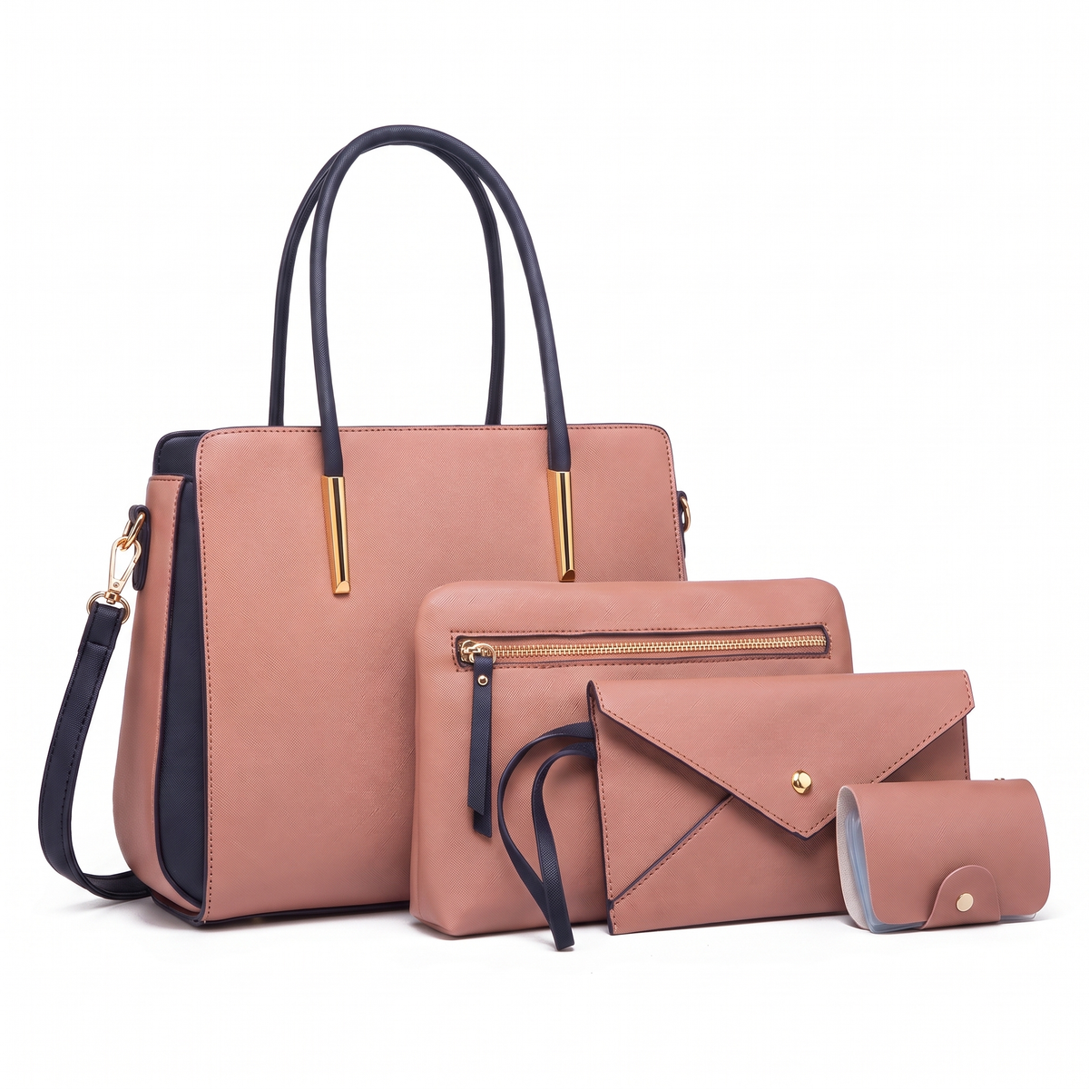 4-Piece Handbag and Purse Set, Two Tone Tote Bag with Pouch, Clutch and Card Holder – Gift Set for Her