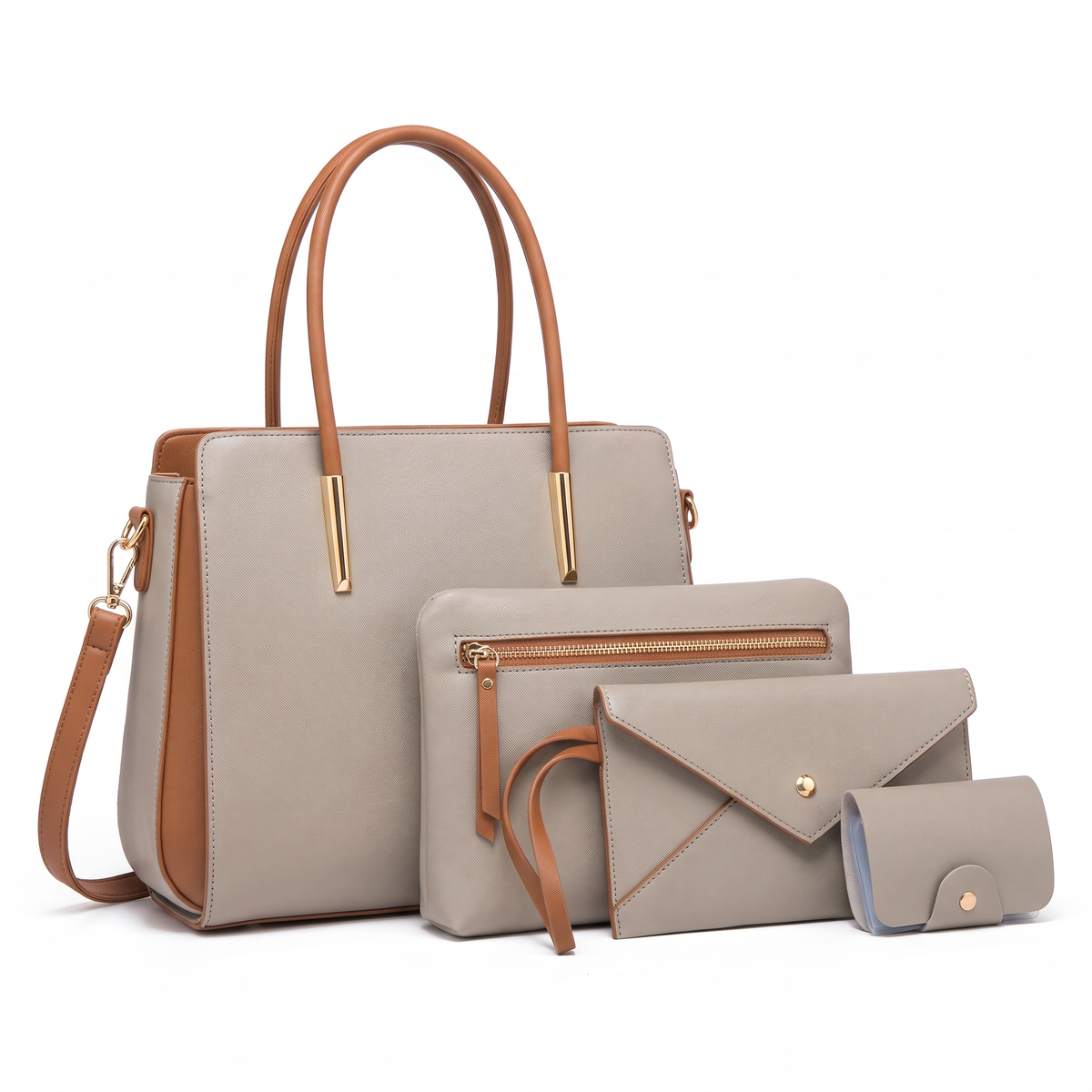 4-Piece Handbag and Purse Set, Two Tone Tote Bag with Pouch, Clutch and Card Holder – Gift Set for Her