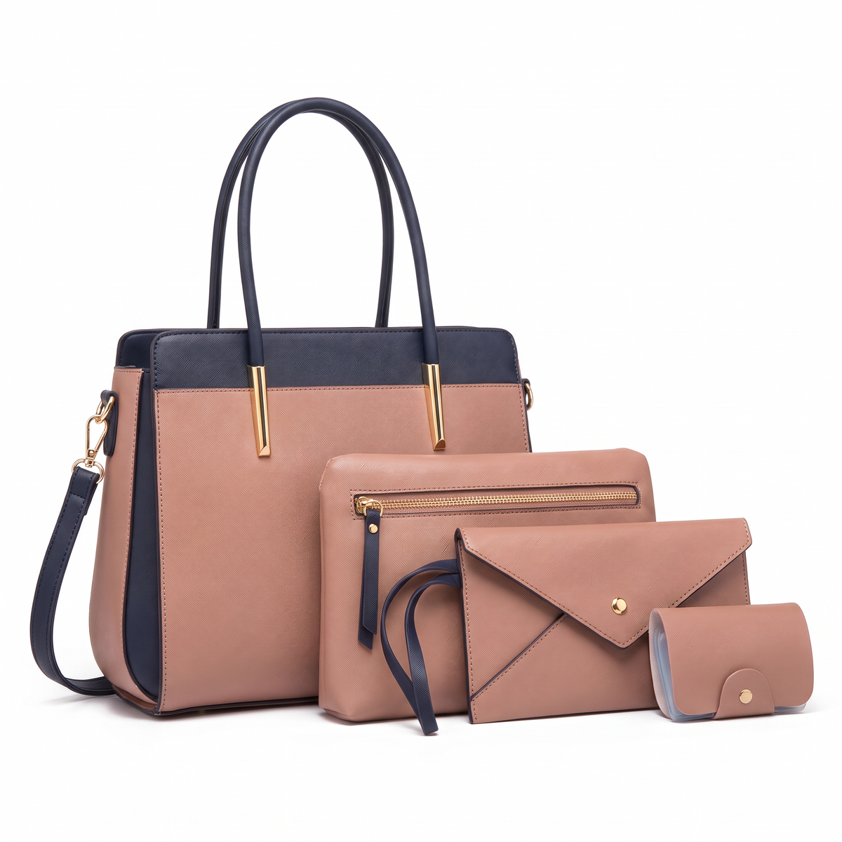 4-Piece Handbag and Purse Set, Two Tone Tote Bag with Pouch, Clutch and Card Holder – Gift Set for Her