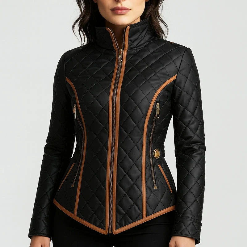 Women's Black Quilted Jacket | Contrast Trim Slim Fit