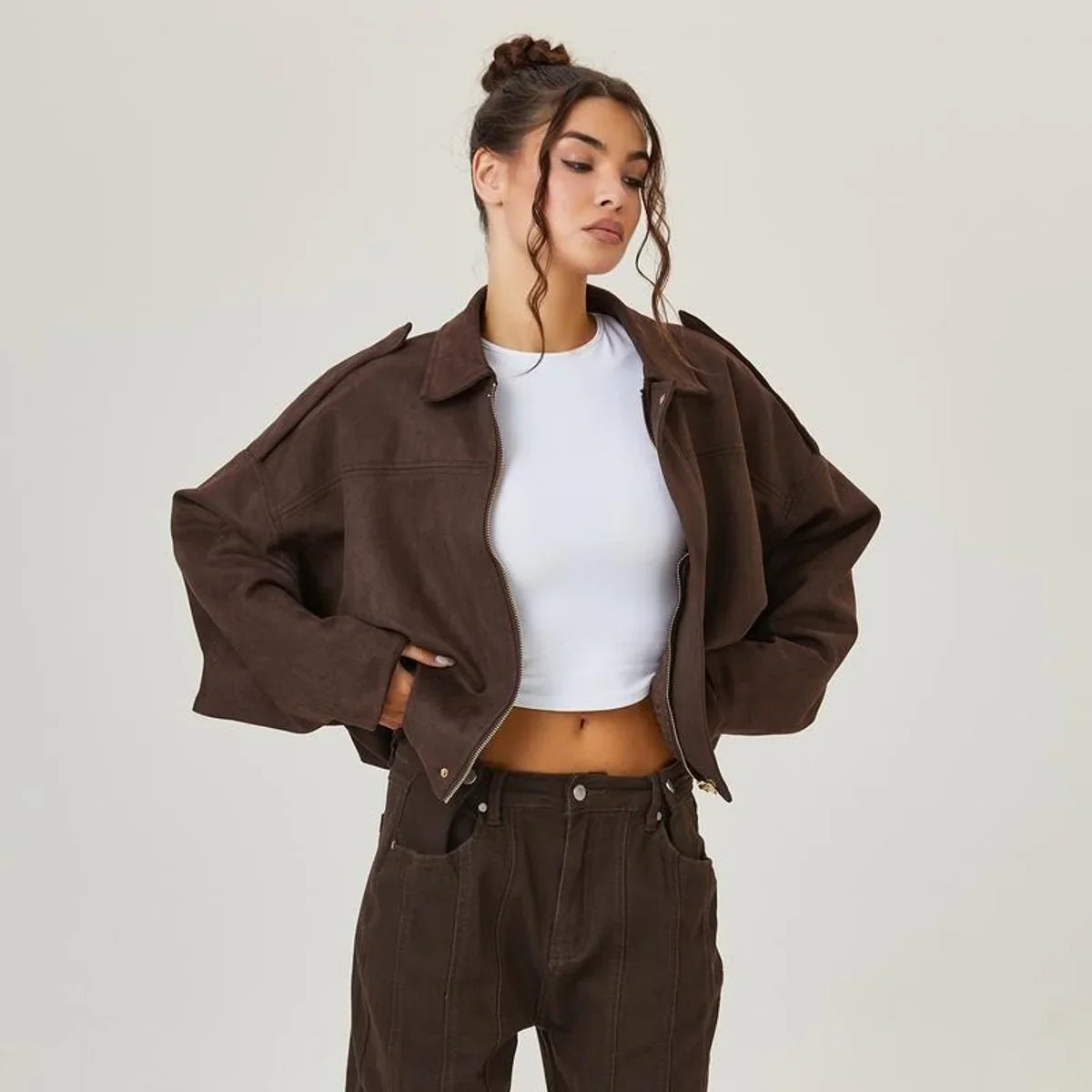 Women's Bomber Jacket | Collared Oversized Faux Suede Zip Front