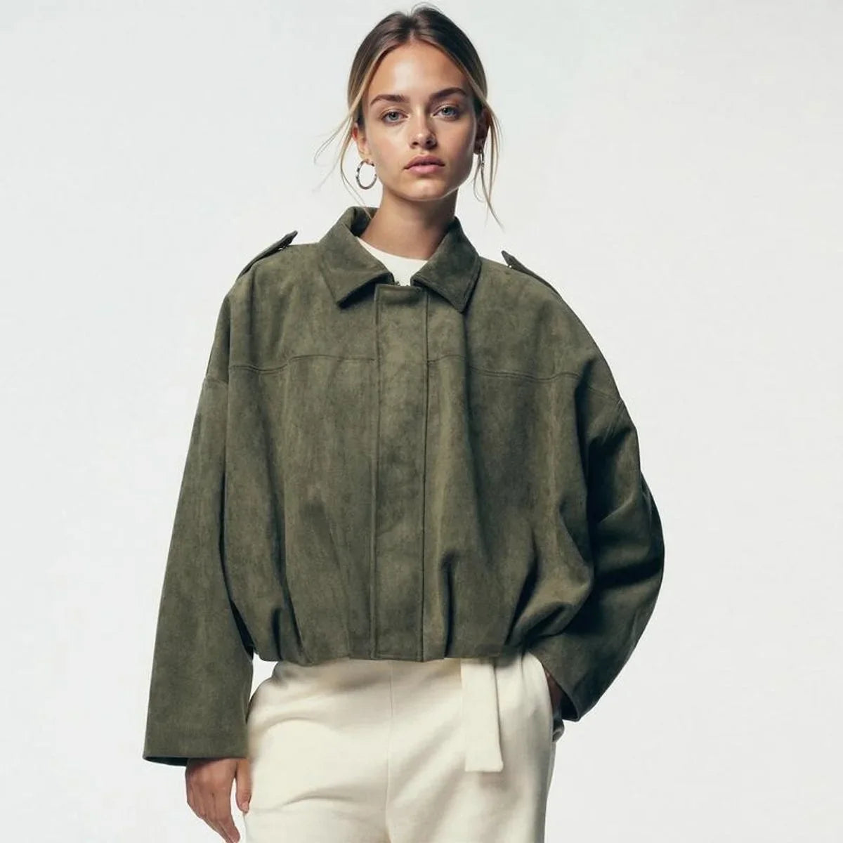 Women's Bomber Jacket | Collared Oversized Faux Suede Zip Front