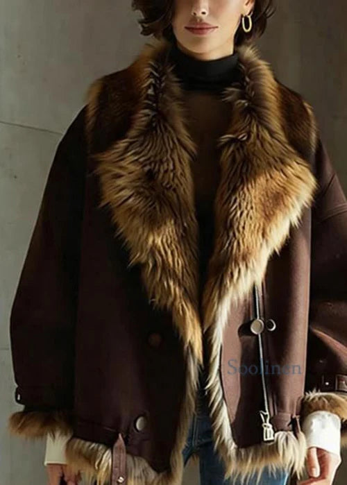 Women's Brown Leather Jacket | Buckle Details and Faux Fur Collar