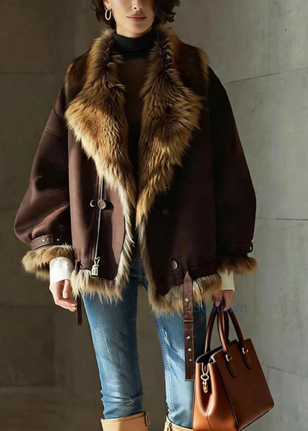 Women's Brown Leather Jacket | Buckle Details and Faux Fur Collar