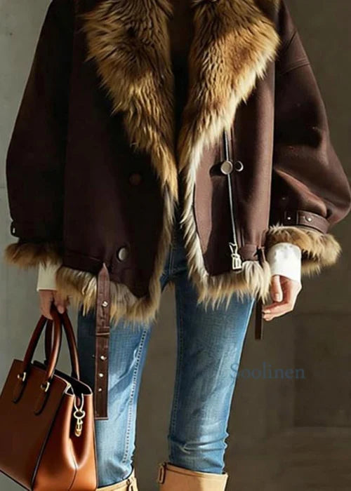 Women's Brown Leather Jacket | Buckle Details and Faux Fur Collar
