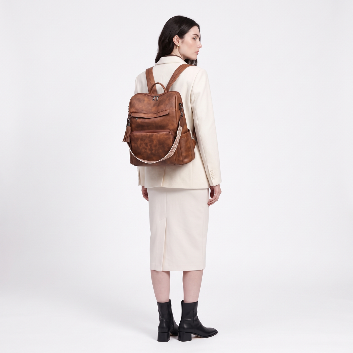 Convertible Faux Leather Backpack for Women, Cognac Work Backpack Purse