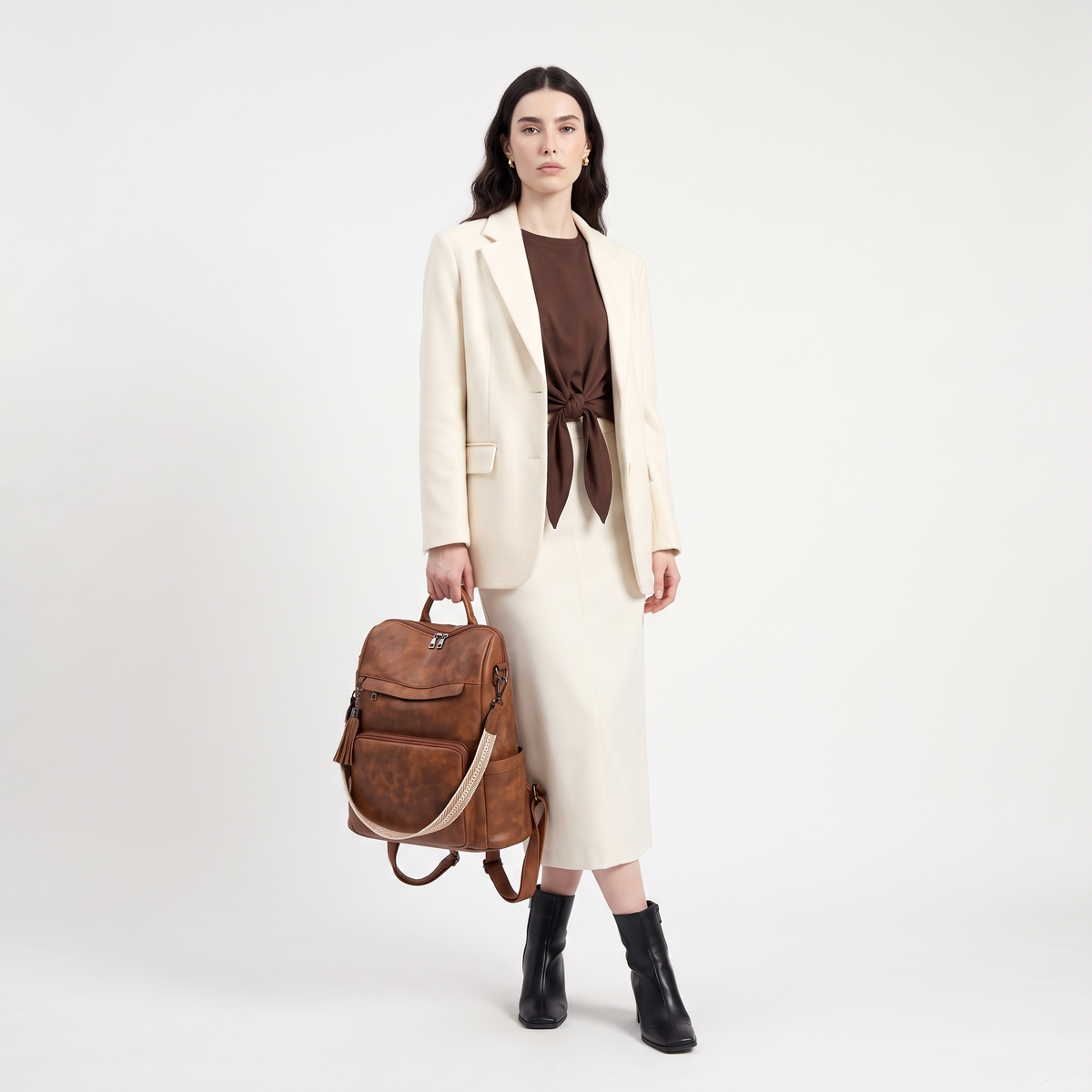 Convertible Faux Leather Backpack for Women, Cognac Work Backpack Purse