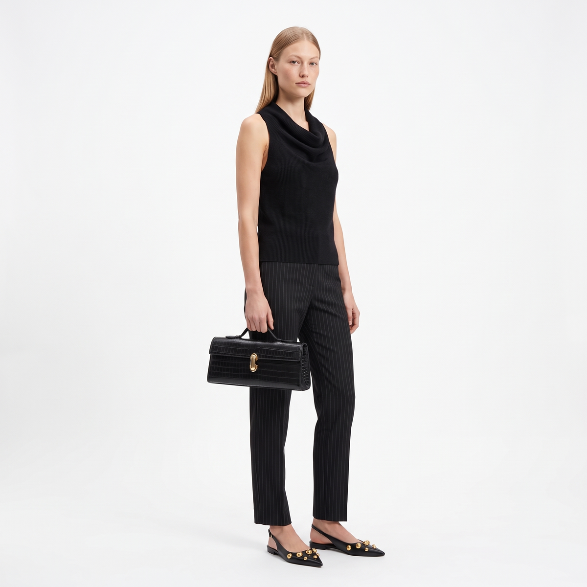 Croc Faux Leather Top Handle Clutch for Women, Black Long East West Bag