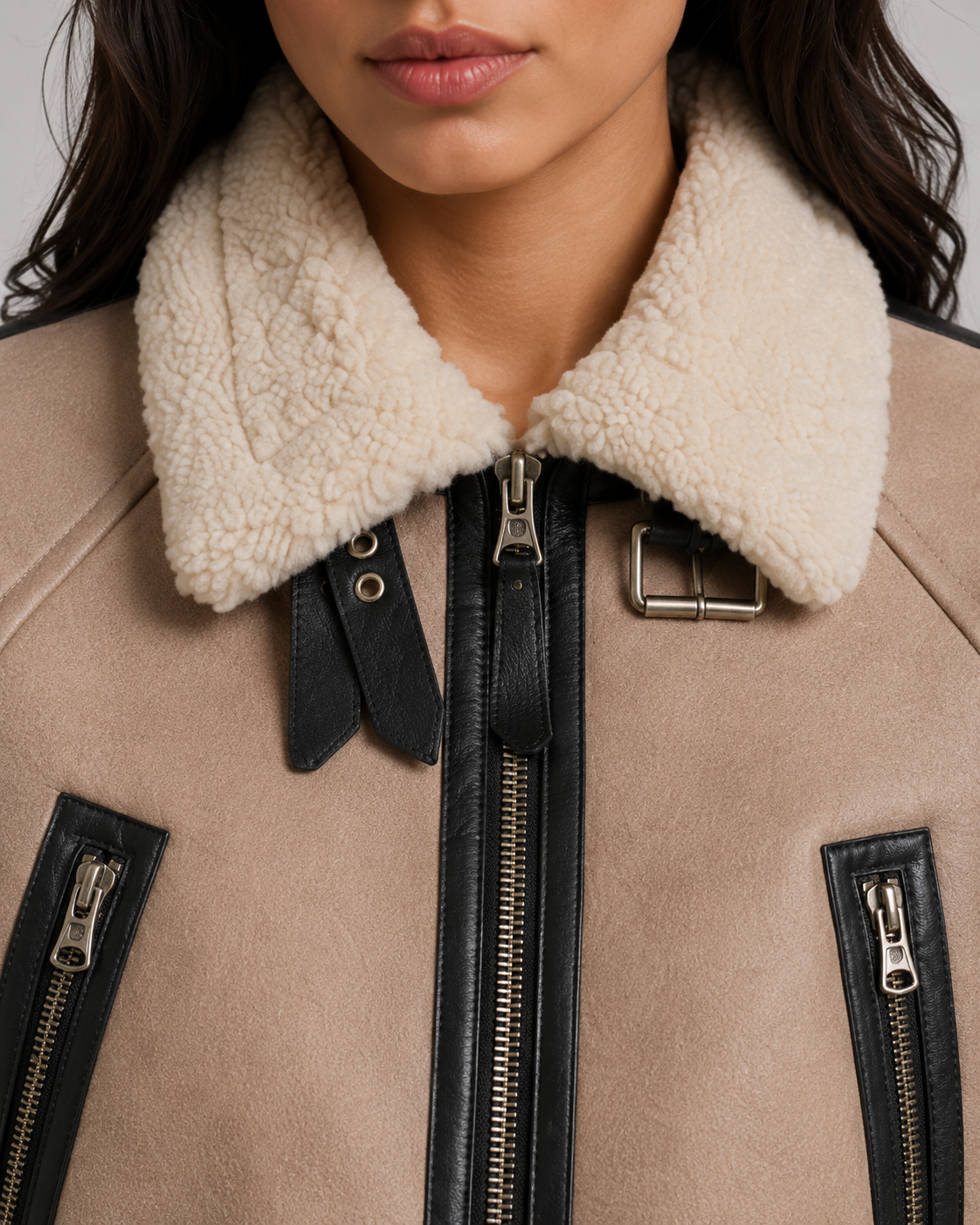 Women's Cropped Faux Leather Aviator Jacket – Faux Shearling Collar